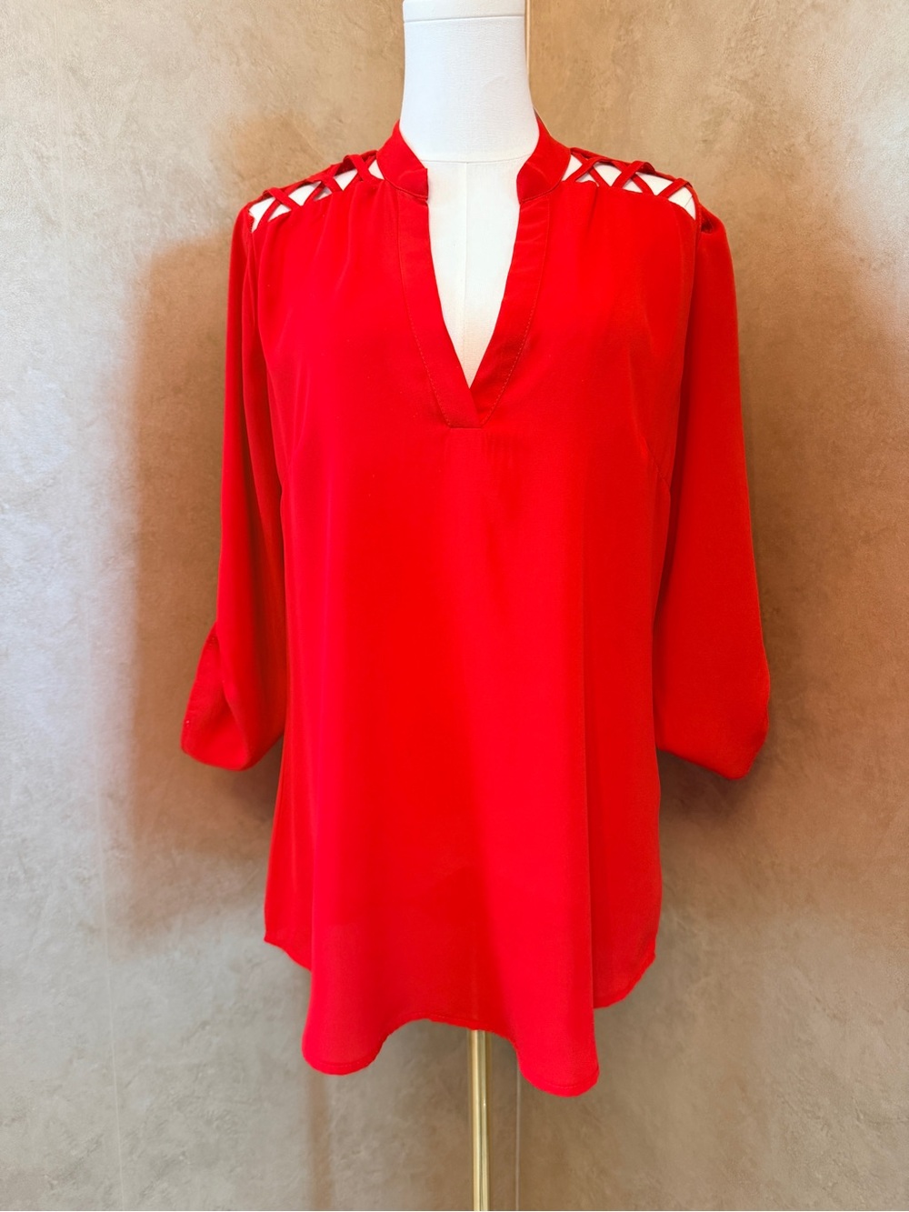 Red Lattice-Shoulder V-Neck Blouse